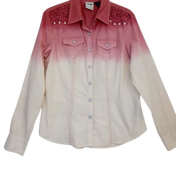 Harley Davidson Pink White Ombre Snap Front Dip Dye Long Sleeve Shirt Medium - Picture 3 of 3